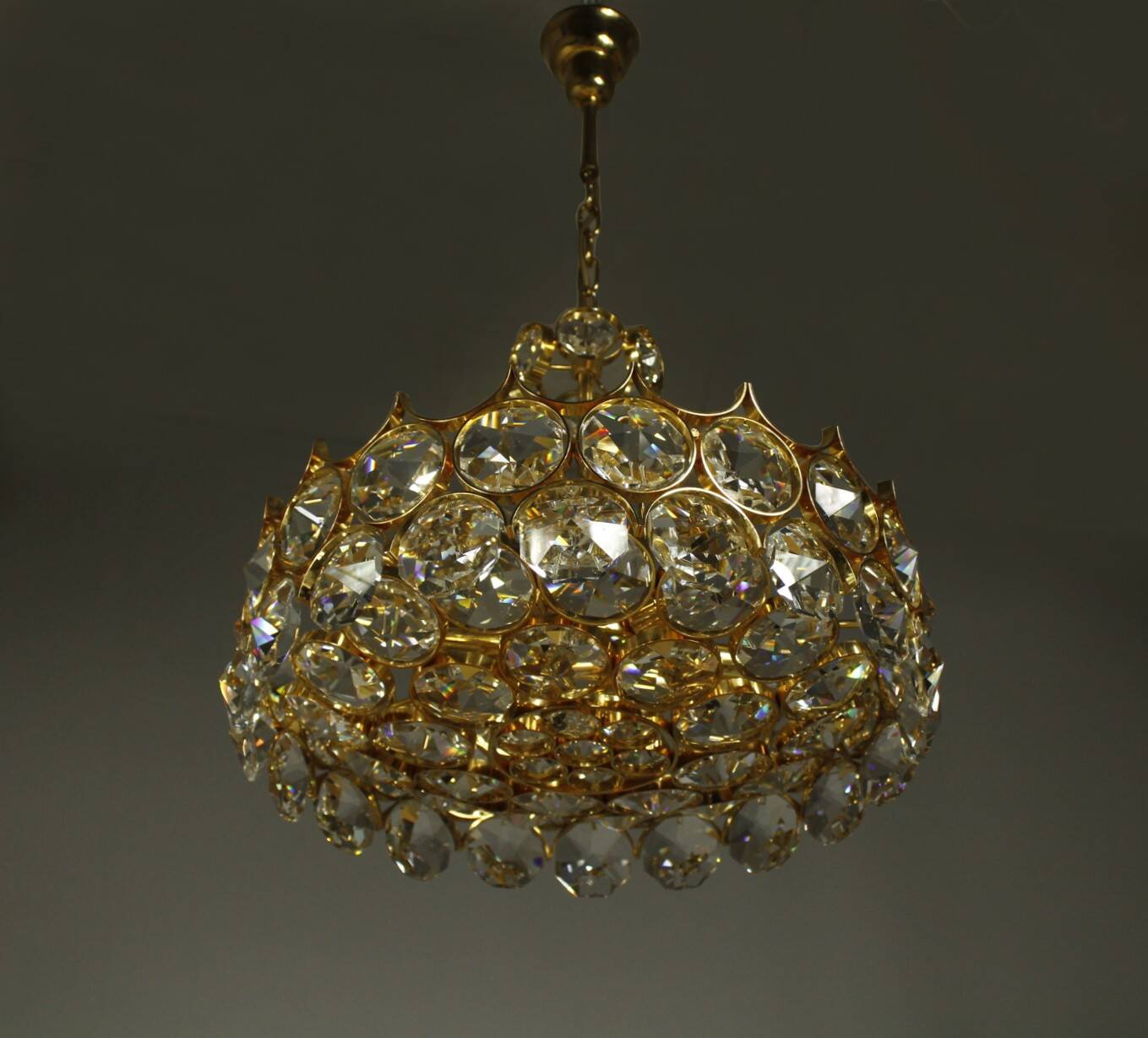 1970s Palwa Chandelier, gold plate and faceted crystals