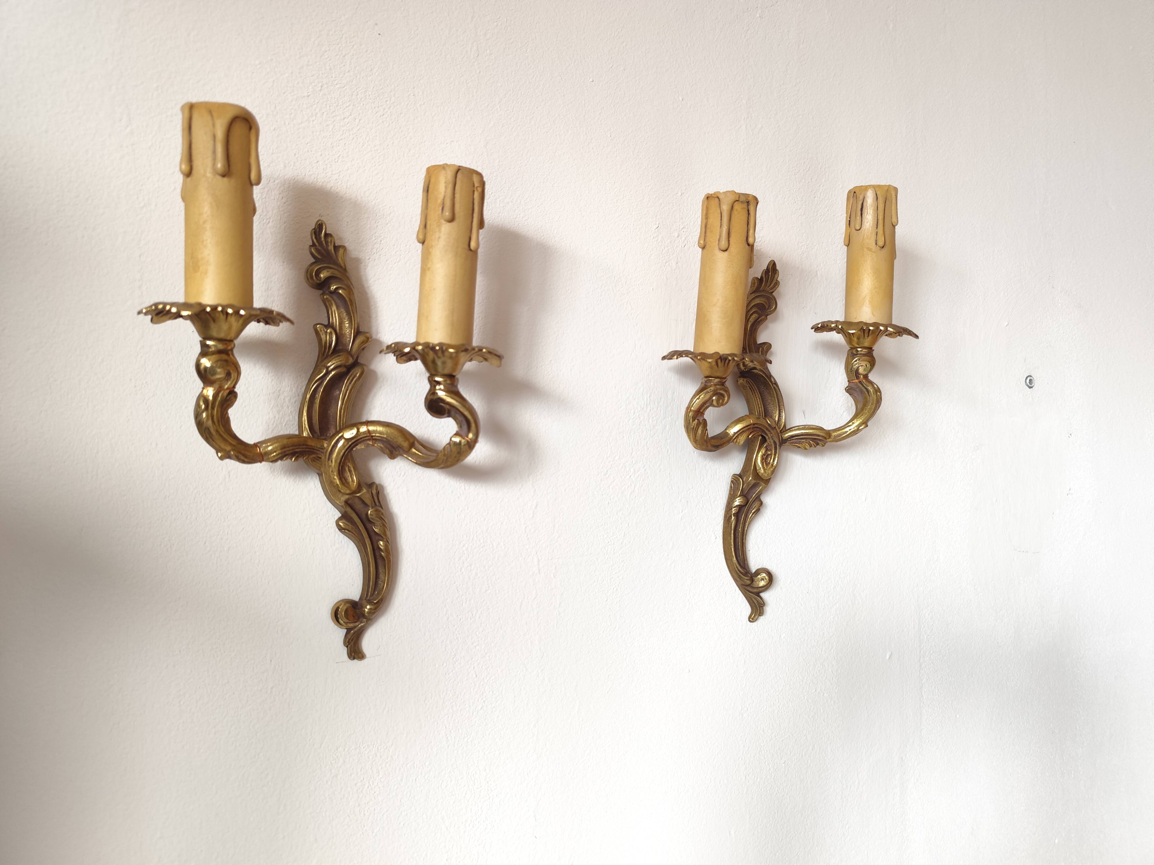Pair of 19th century Louis XV style gilt bronze wall lights with 2 branches