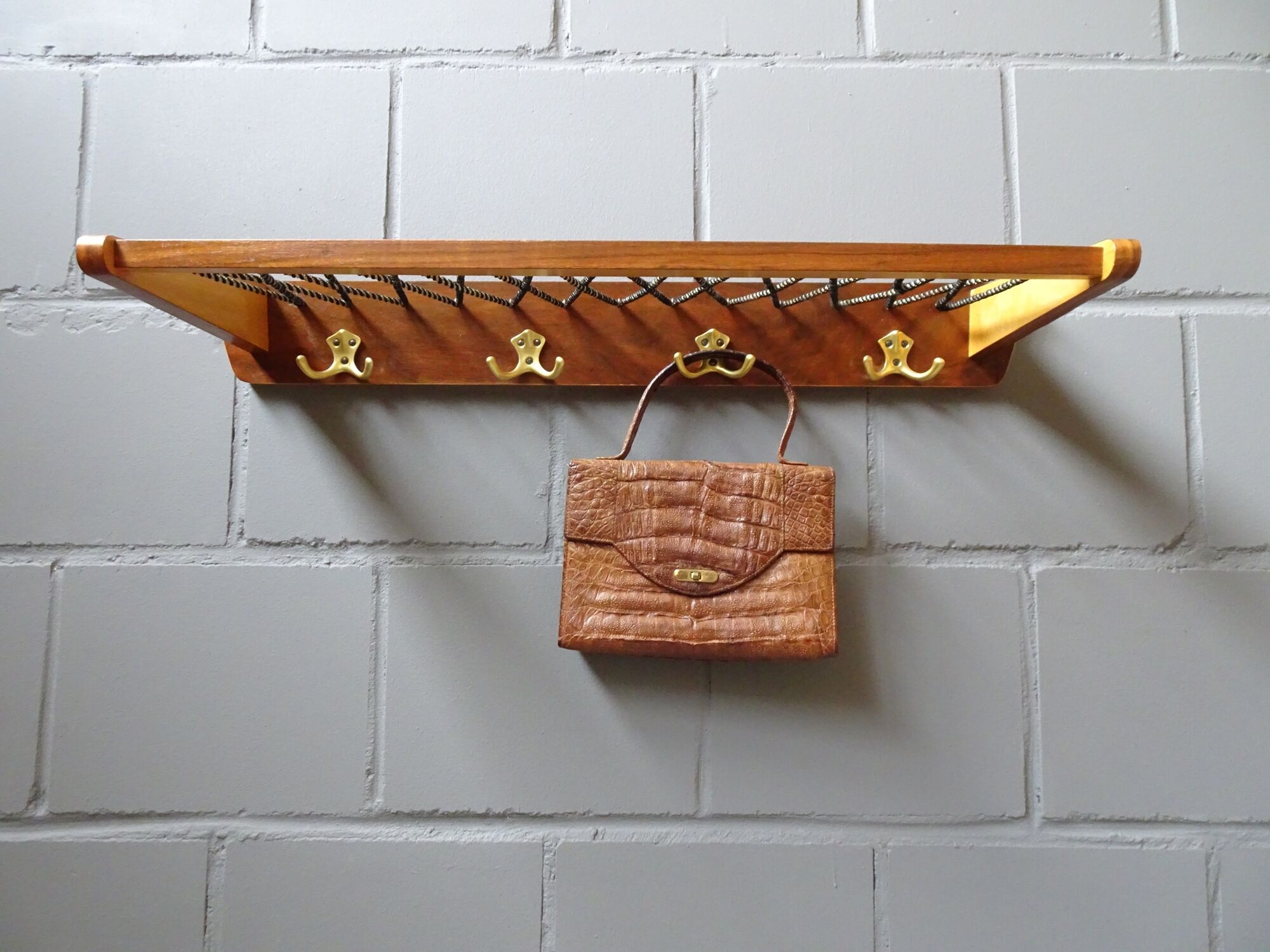 Wall coat rack with hat shelf made of wood and cords, Mid Century coat rack