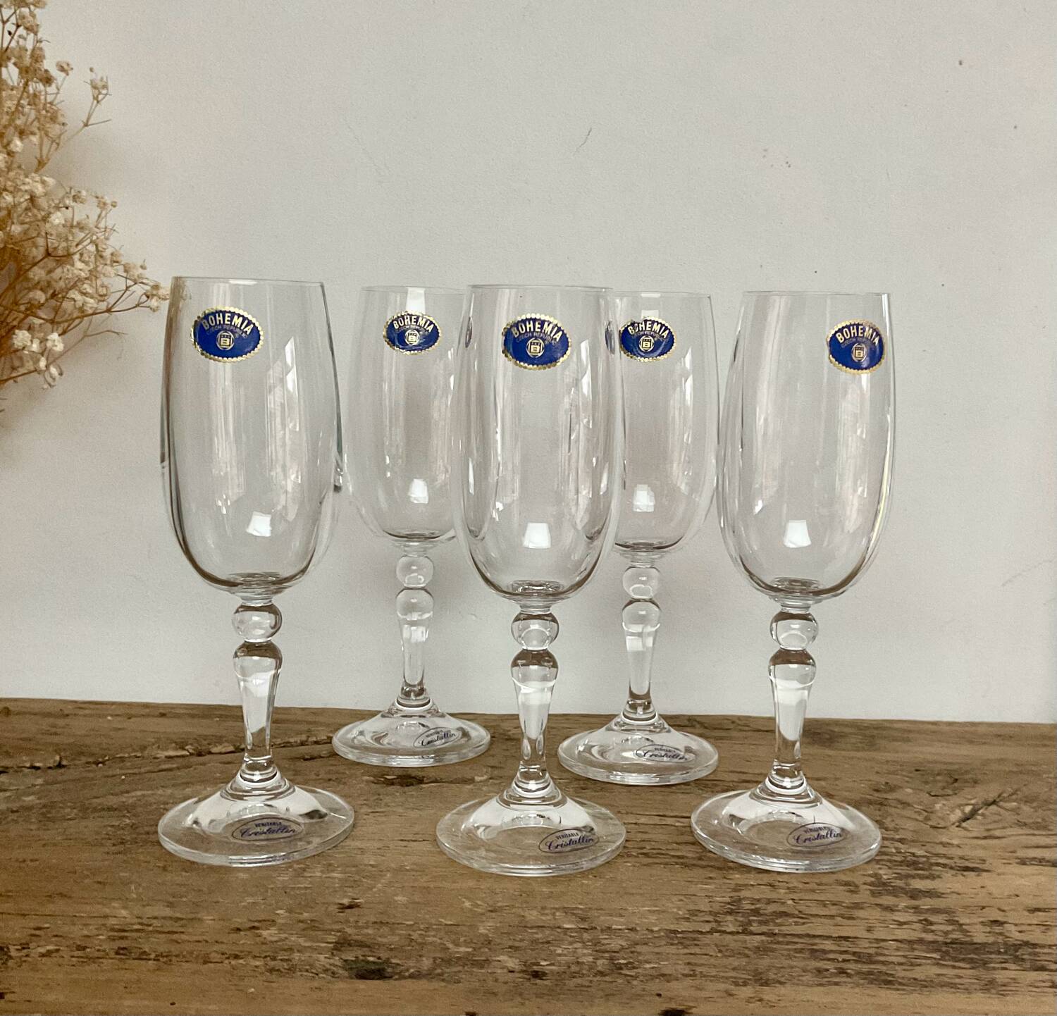 5 small Bohemian crystal flutes
