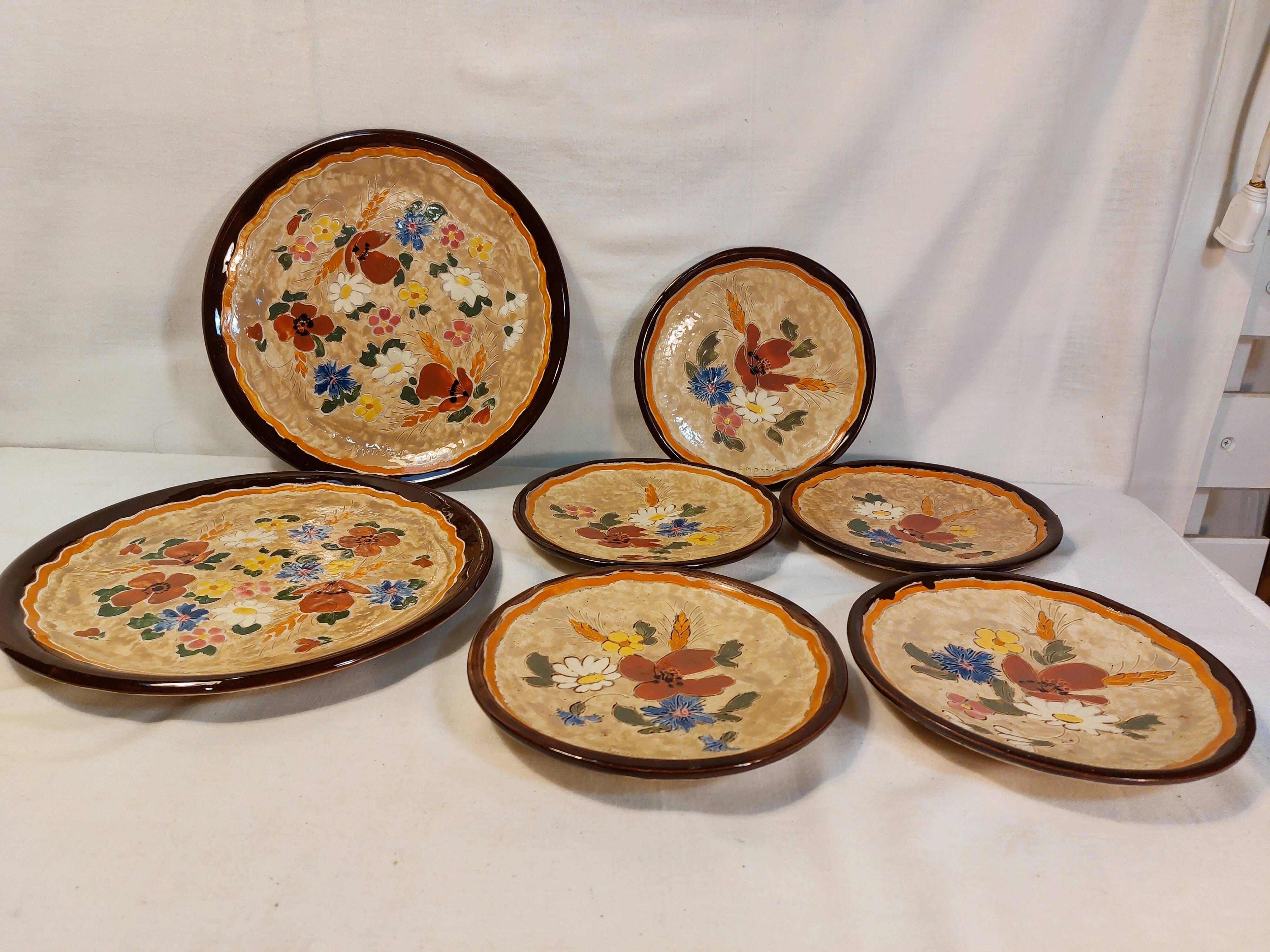 Set of 5 dessert plates and 2 vallauris plates, signed jérôme massier - circa 50/60