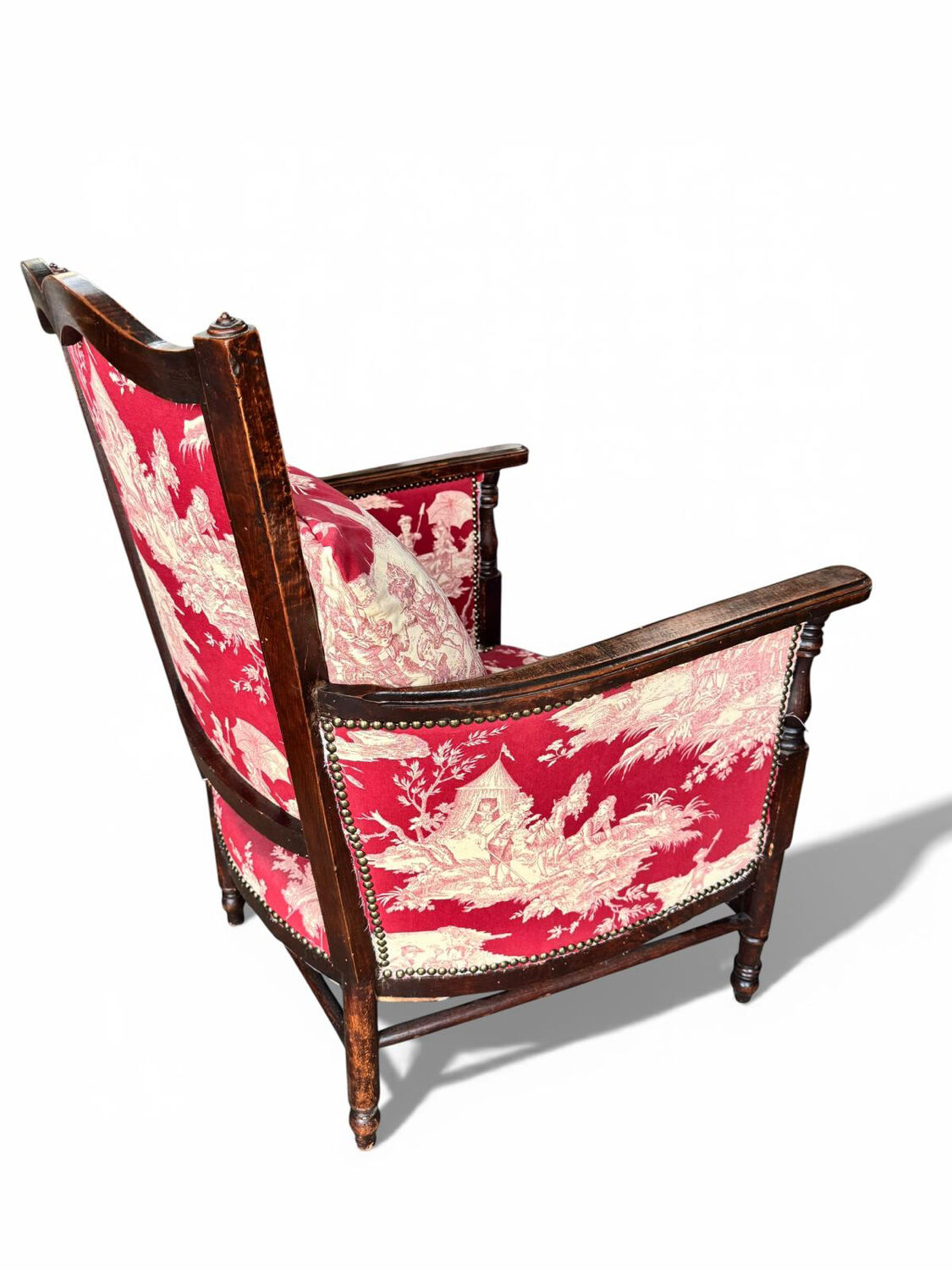 Antique armchair from around 1900, solid wood – red toile de Jouy.