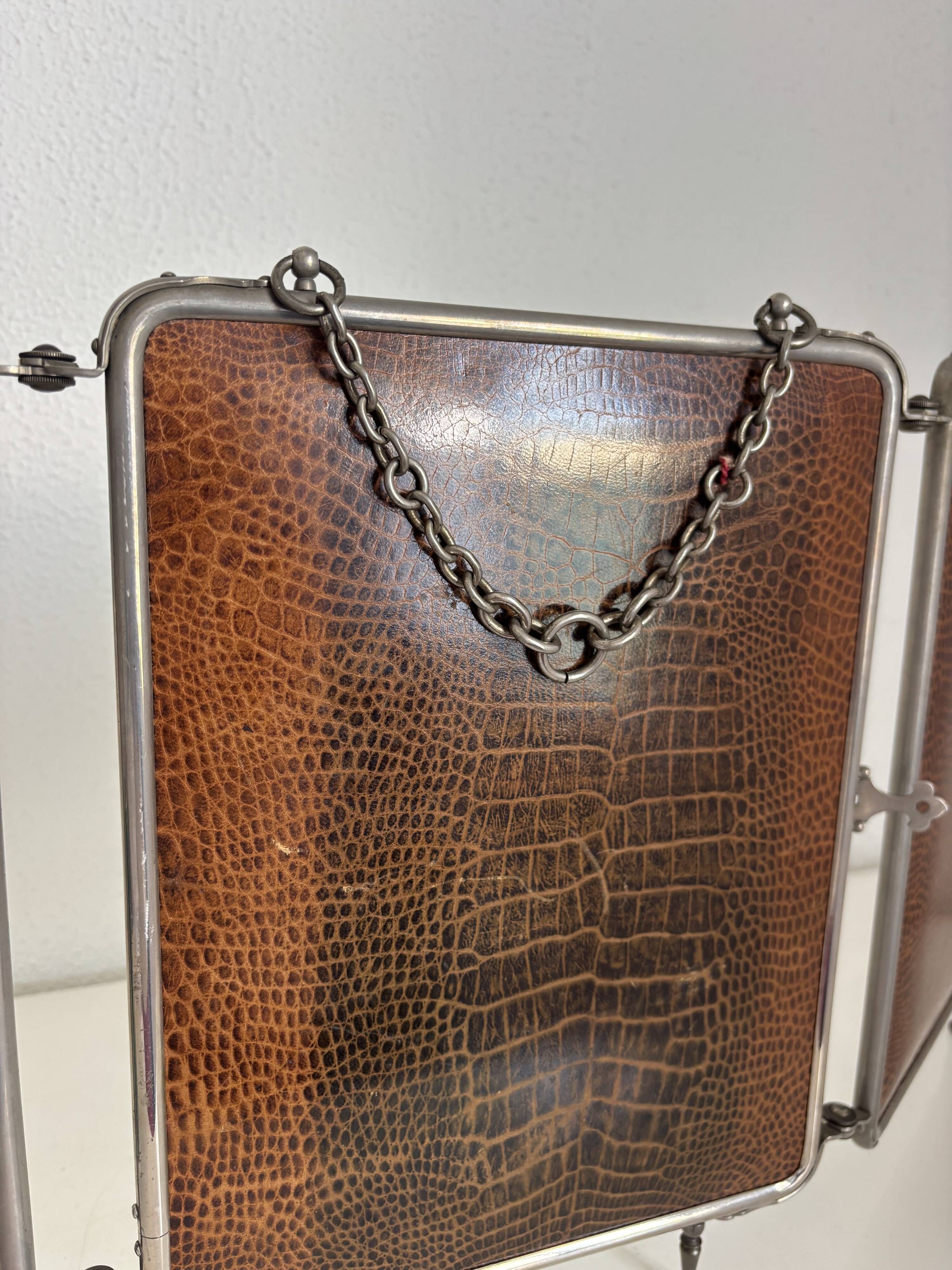 Vintage 1930s triptych barber mirror crocodile crystal - 30x69 cm