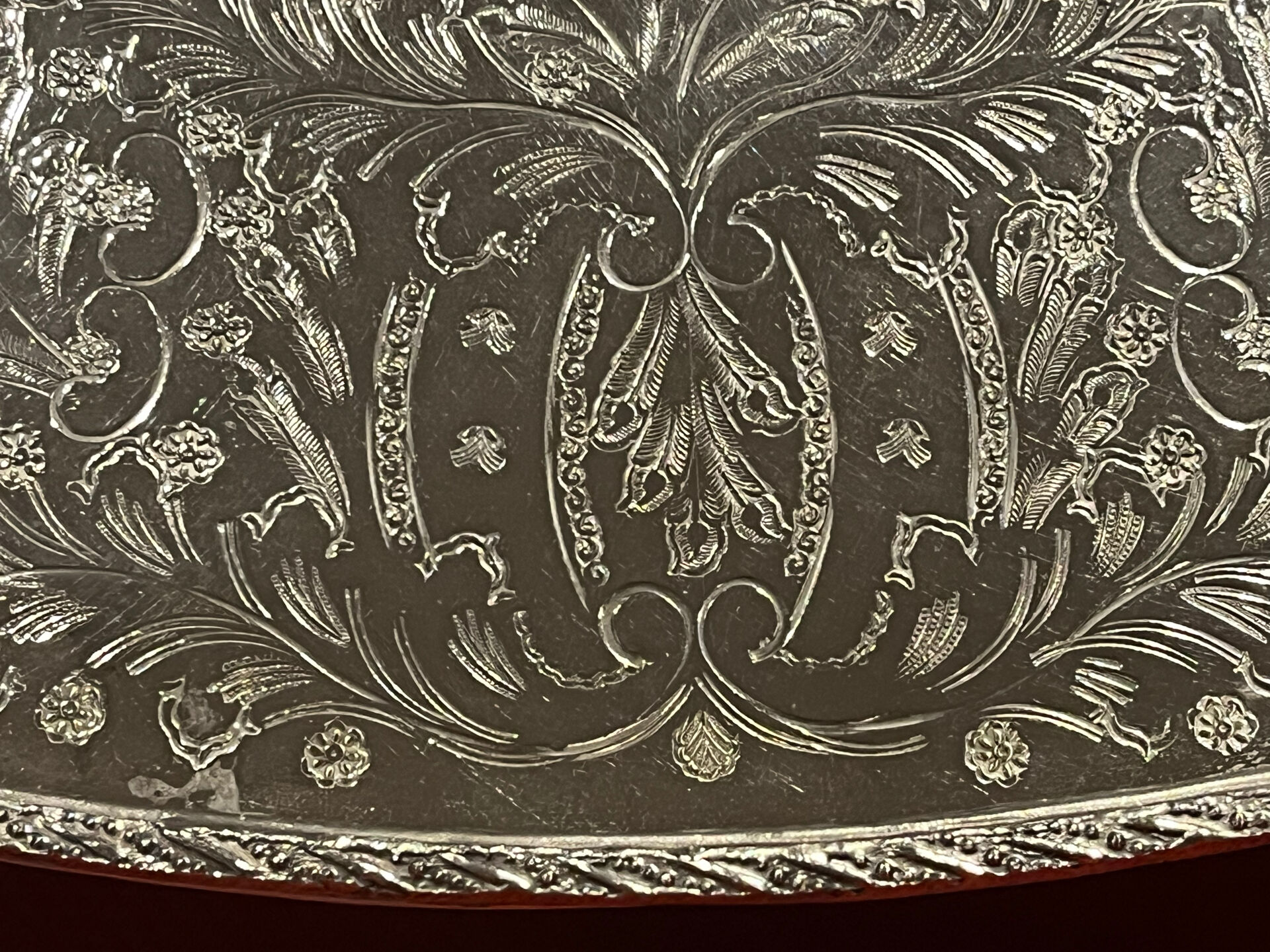 Large silver metal tray