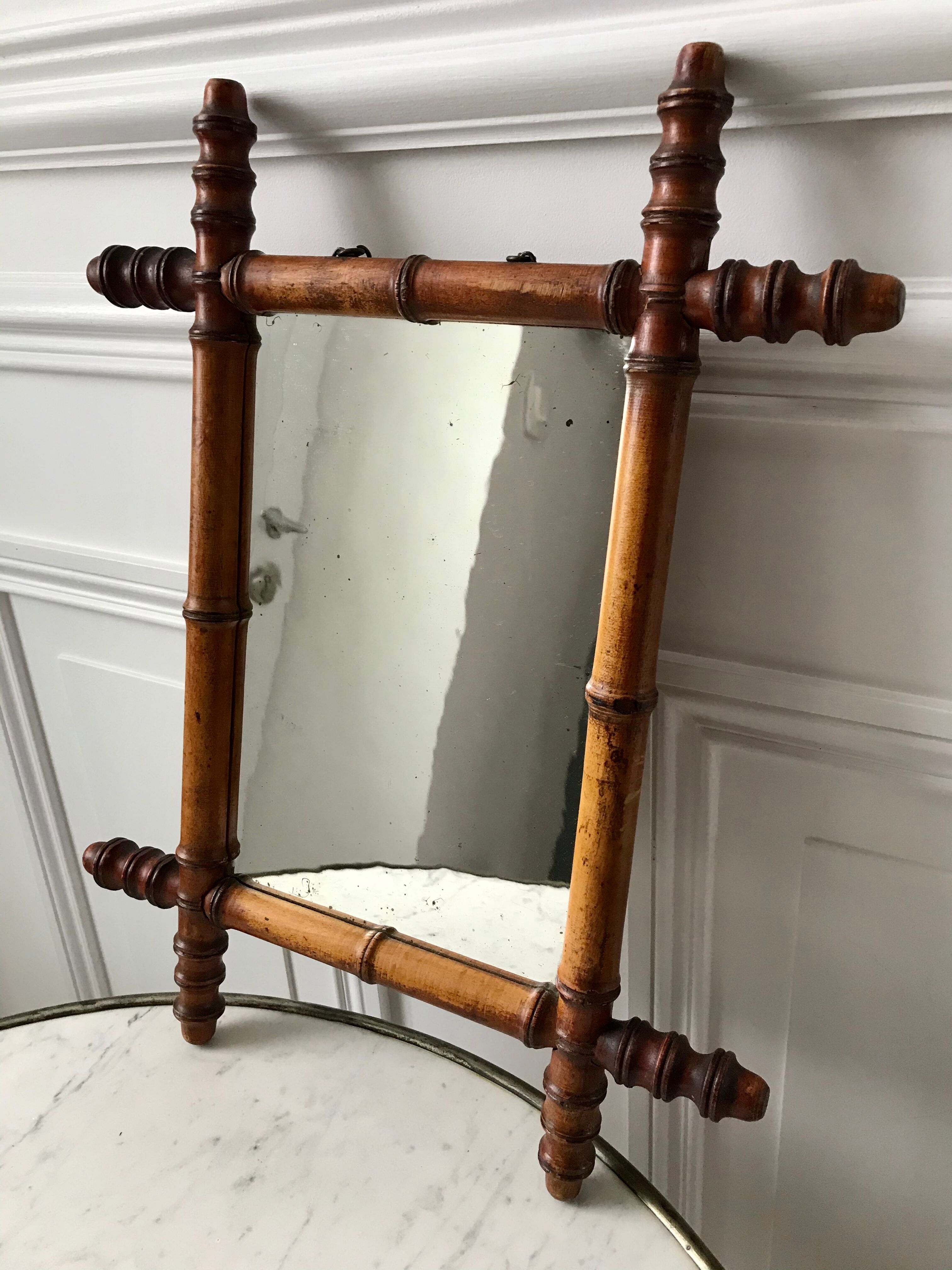 Old barber mirror in solid wood bamboo effect 30-40s