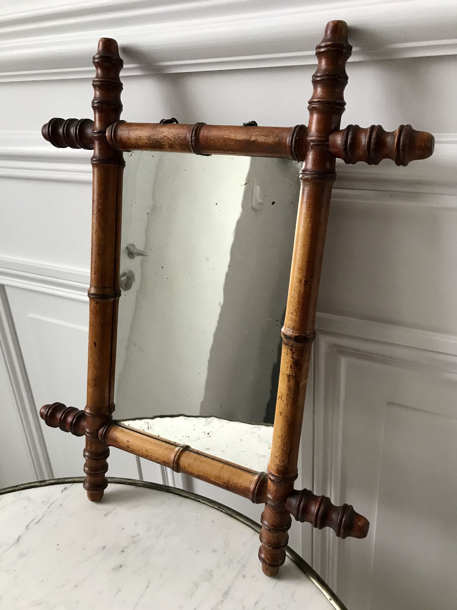 Old barber mirror in solid wood bamboo effect 30-40s