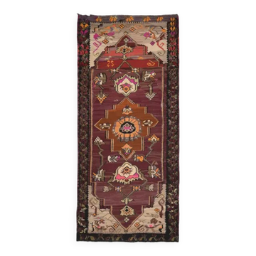 1970s vintage Turkish Oushak handmade wool cotton brown runner rug 180x395