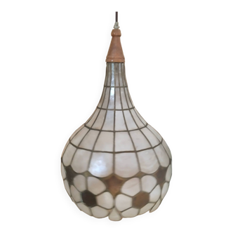 Mother-of-pearl and brass pendant light, vintage light fixture, 1950s