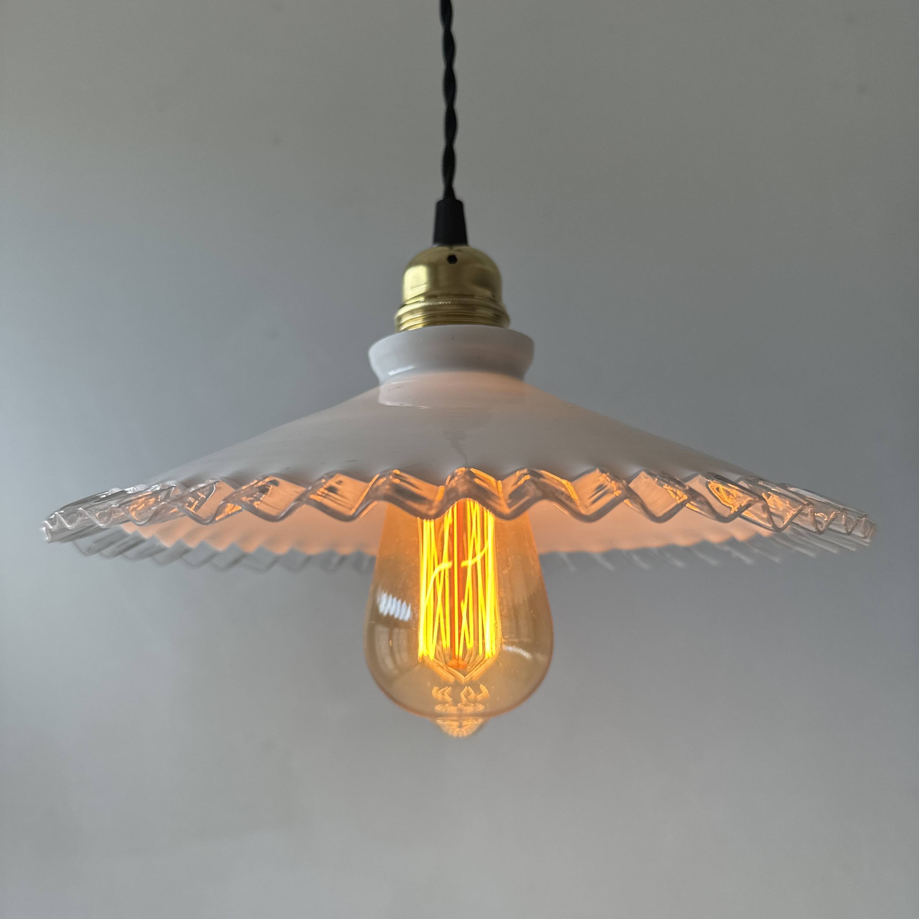 Antique lace-work pendant light in vintage opal, 24.5 cm