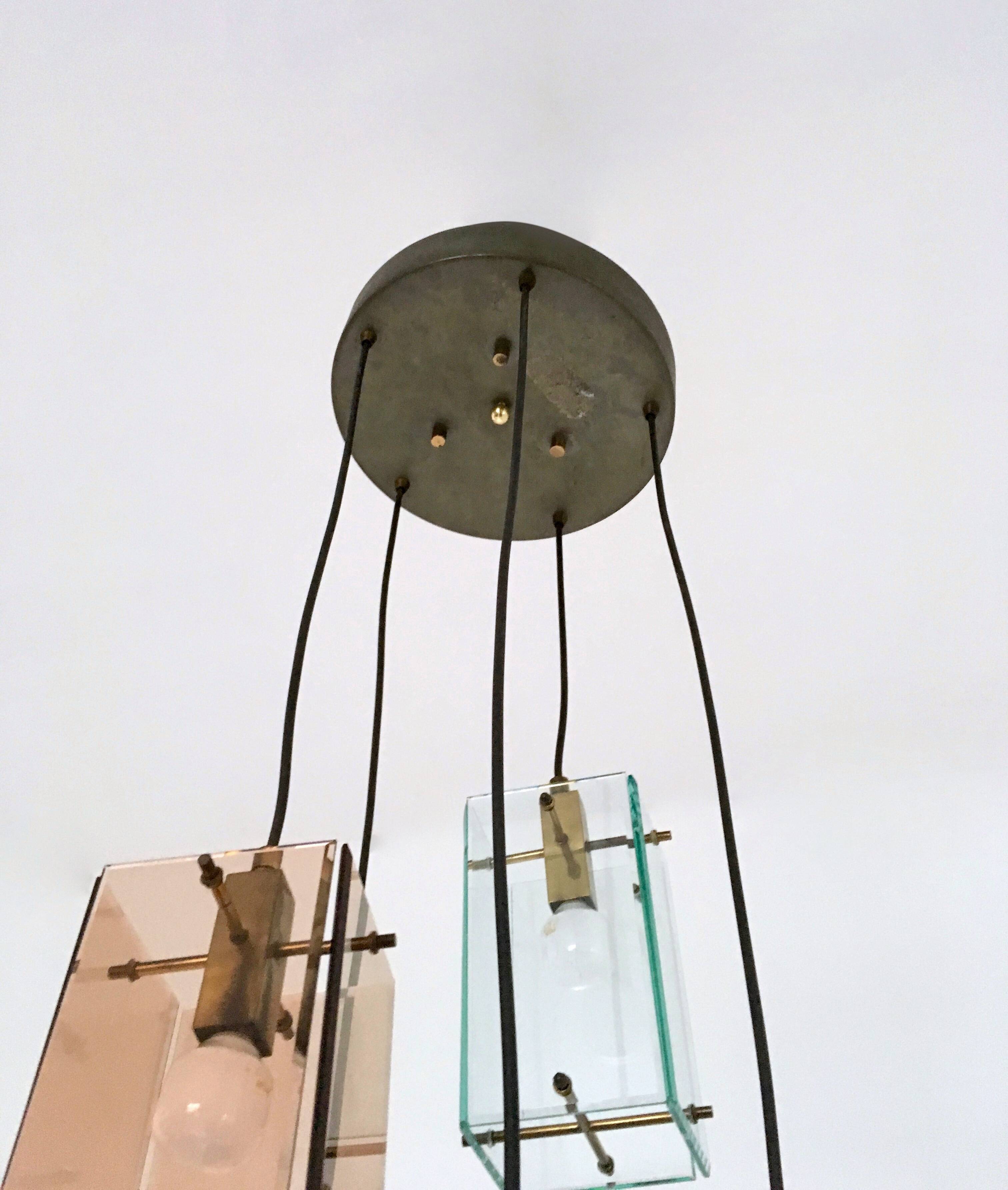 Five Light Colored Glass Brass Chandelier Pendant