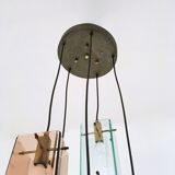 Lustre suspendu en laiton et verre coloré à cinq lampes