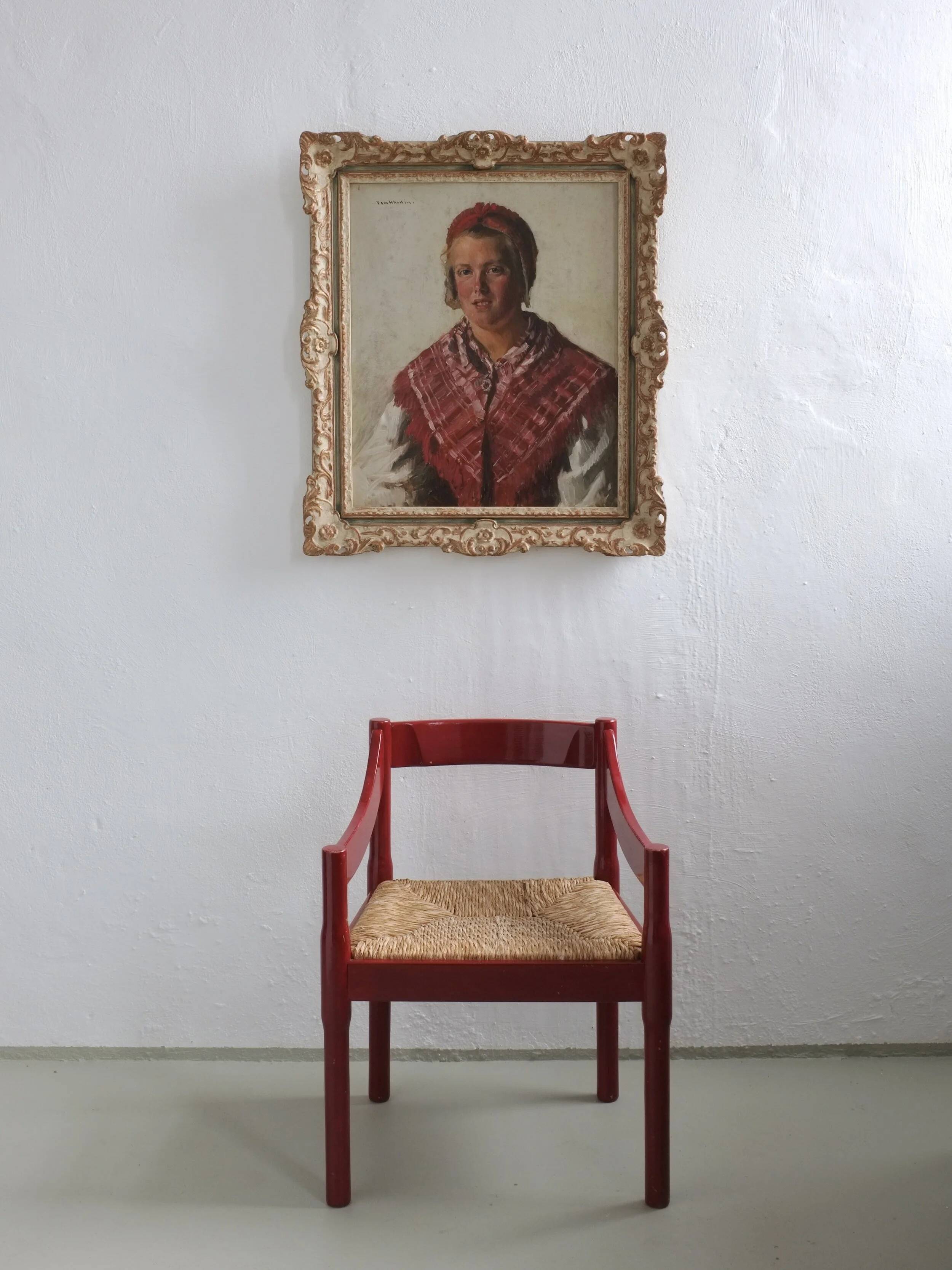 2 red Vico Magistretti “Carimate” style armchairs | Italy | 1970s