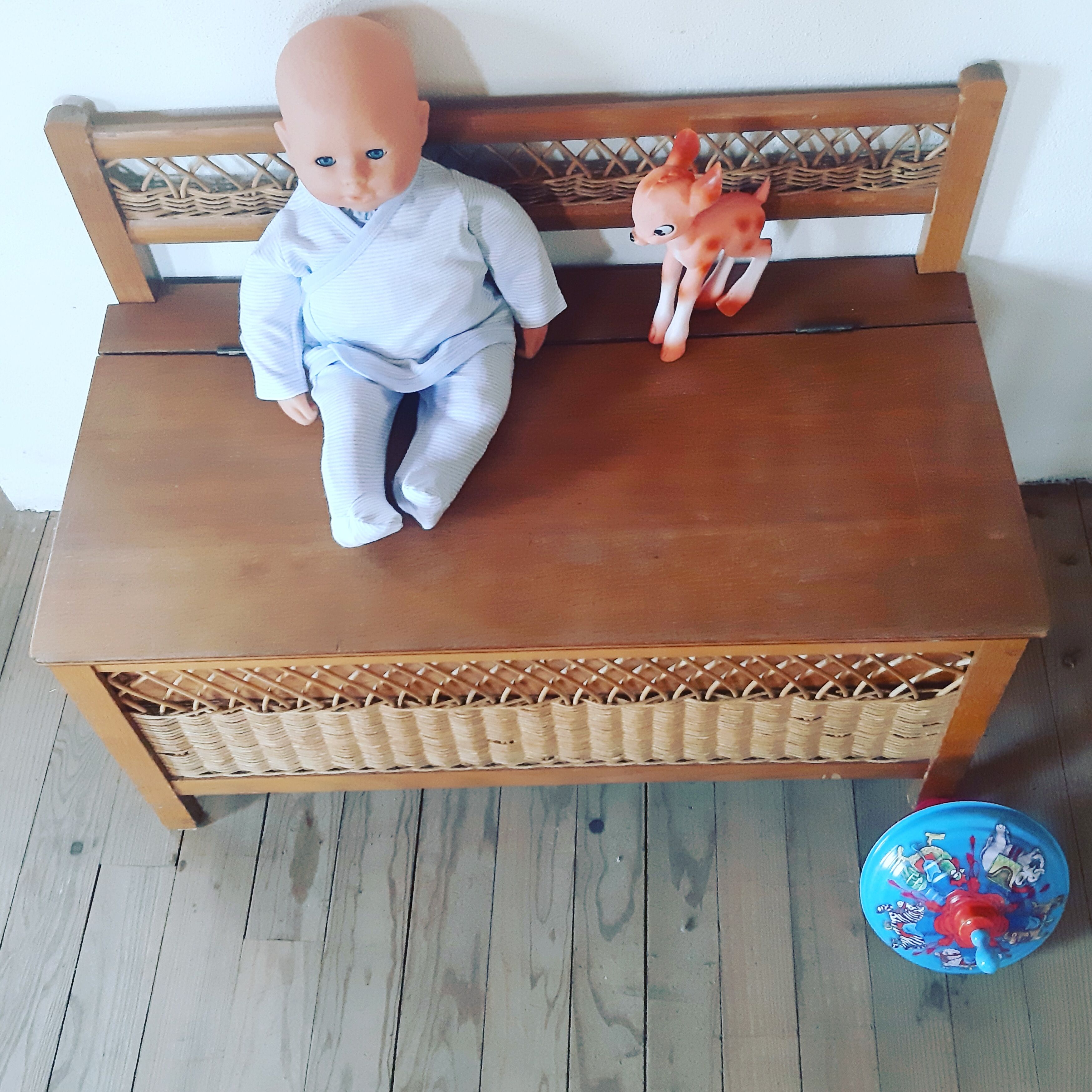 Vintage wooden and wicker bench and storage chest