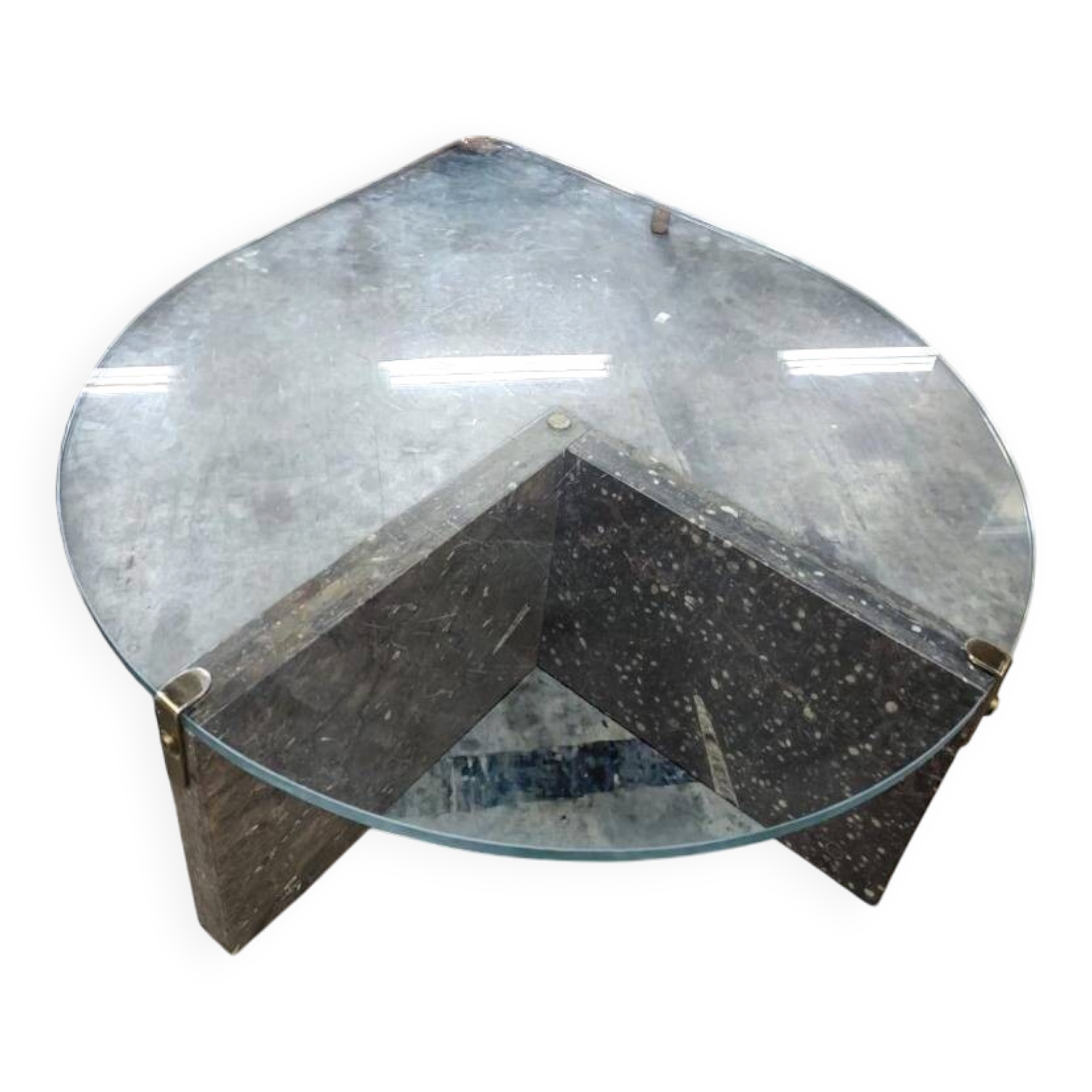 Vintage teardrop-shaped glass coffee table with stone base