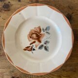 Set of 3 vintage Digoin pink plates, blue & brown stencil pattern