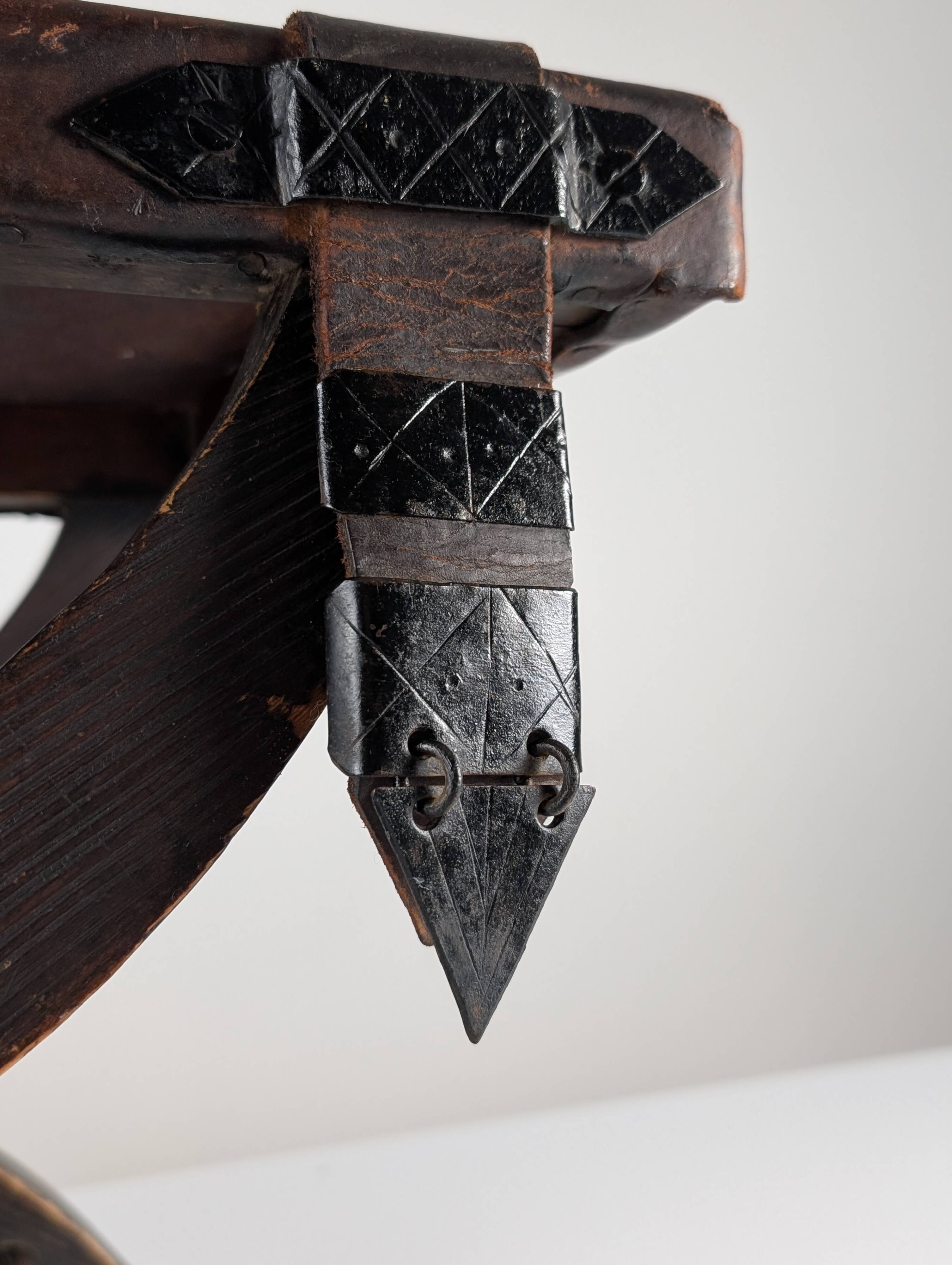 Colonial Curule Stool in Leather and Wrought Iron, Mexico, 1940s