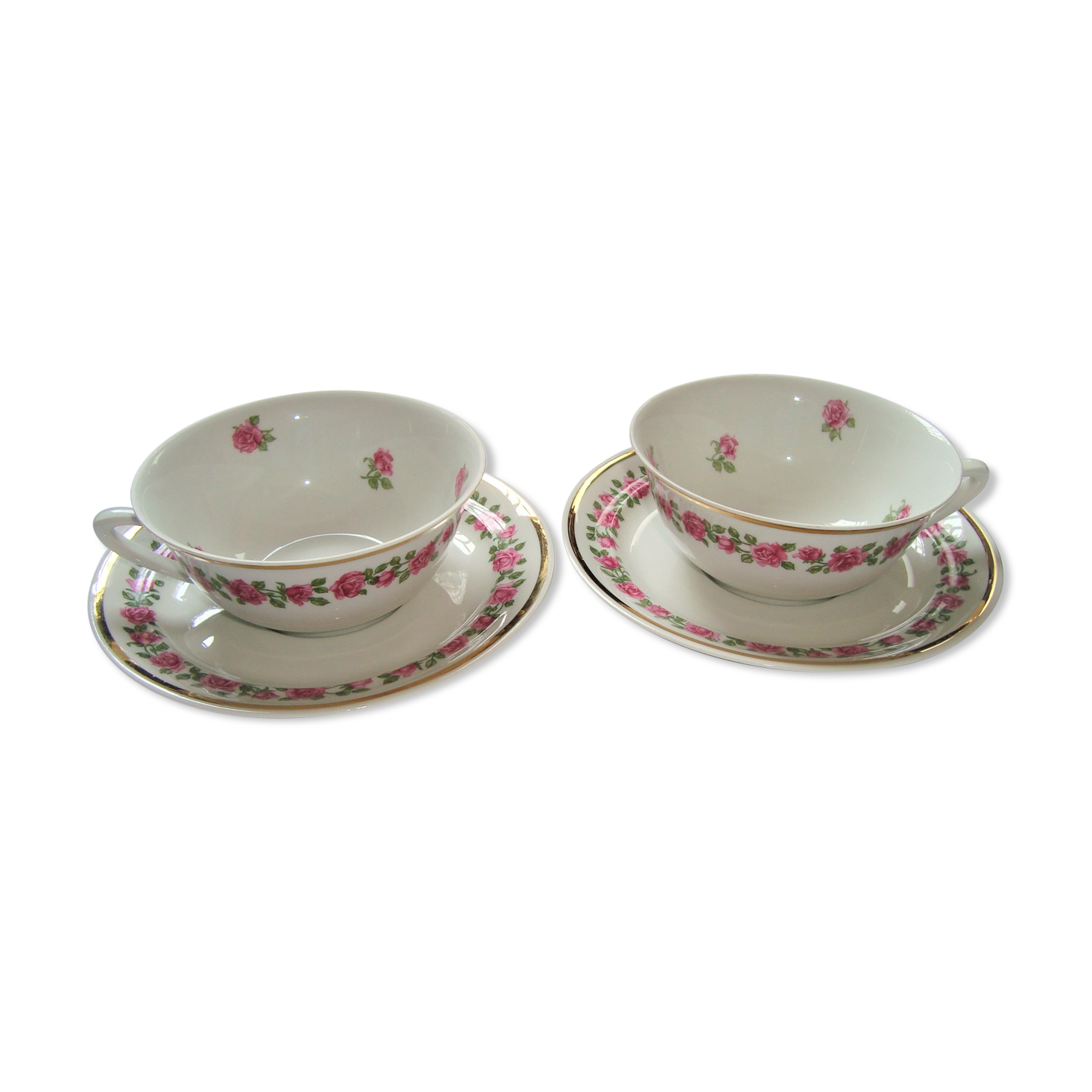 Tea Cups + Saucers Porcelain Pillivuyt White Small Pink Flowers