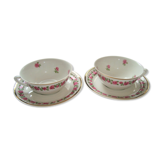 Tasses à thé et soucoupes porcelaine pillivuyt blanches petites fleurs roses