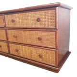 Commode/enfilade 6 tirroirs rotin/bambou  70's
