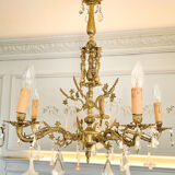 Lustre ancien en bronze à 5 bras avec verre de Murano rose et cristal