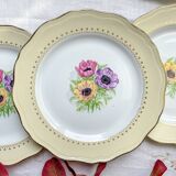 6 vintage porcelain dinner plates with white and golden yellow floral pattern L'Amandinoise "Coopélia" - Vintage floral tableware