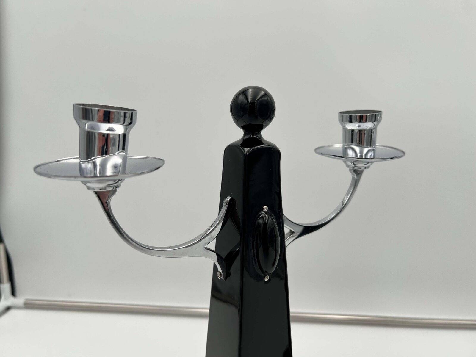 Art Deco Candlesticks in Black Lacquer, Oak & Nickel, Netherlands, 1930s, Set of 2
