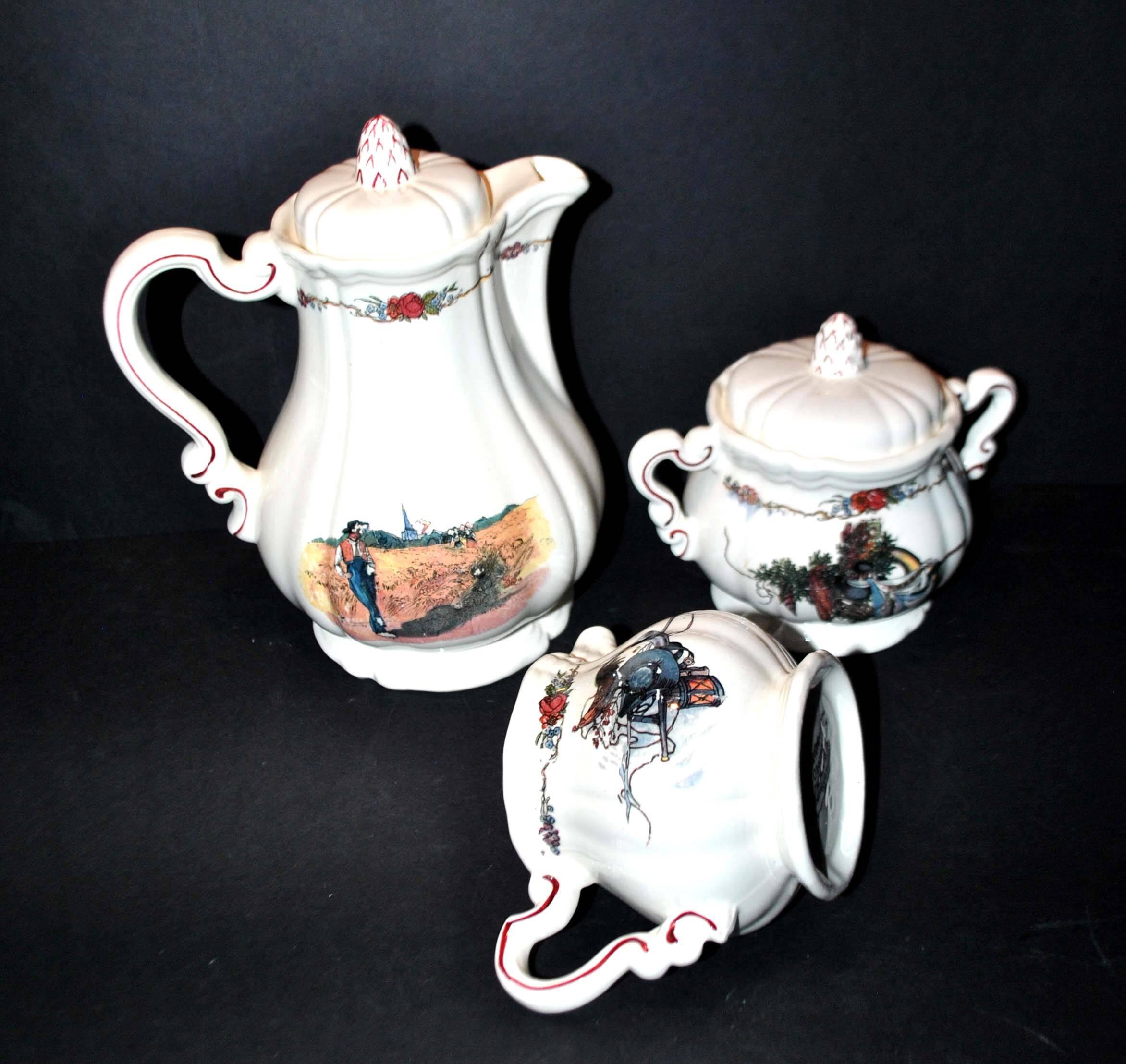 Obernai coffee service in sarreguemines earthenware coffee maker sugar bowl and milk