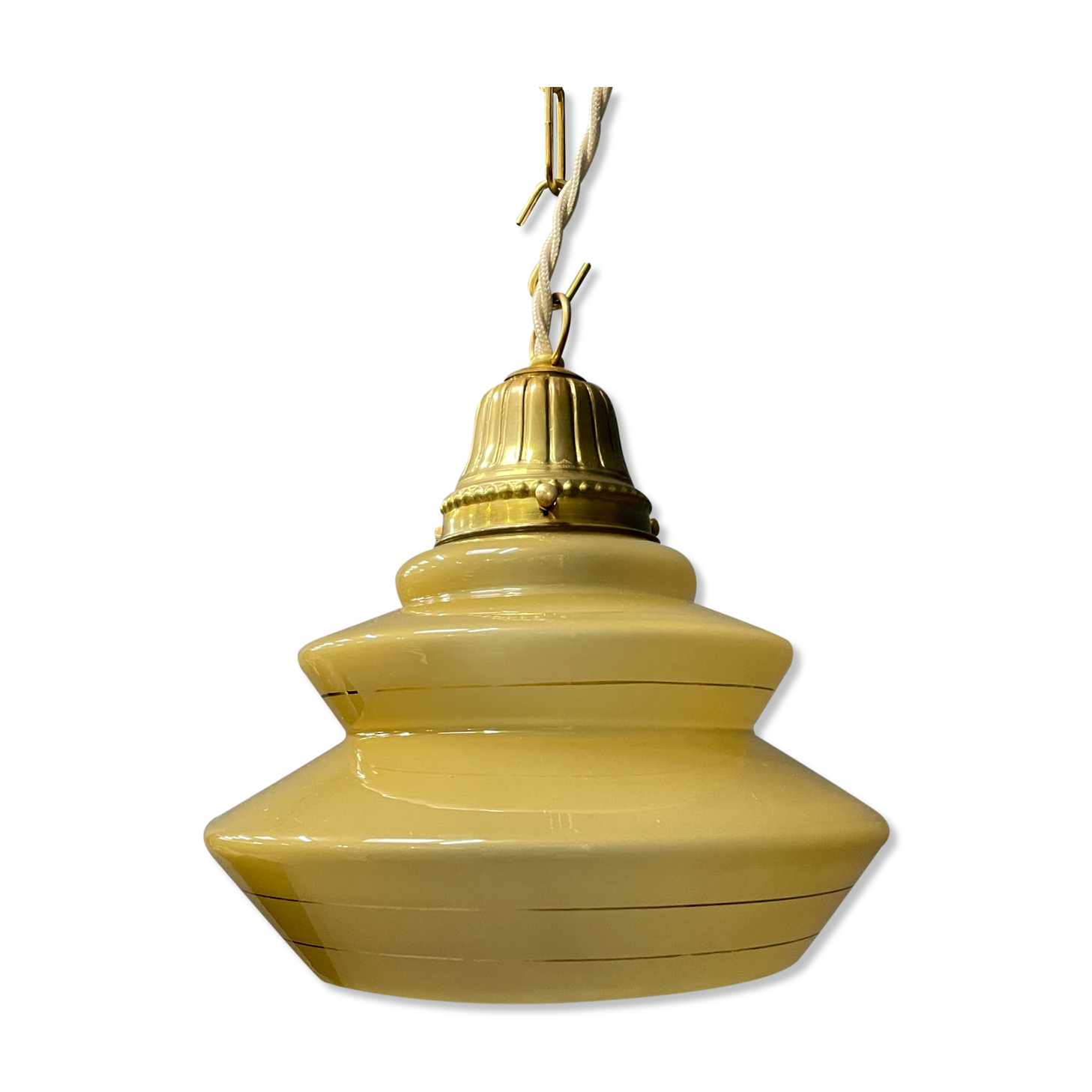 Vintage ocher glass hanging lamps with brass gallery