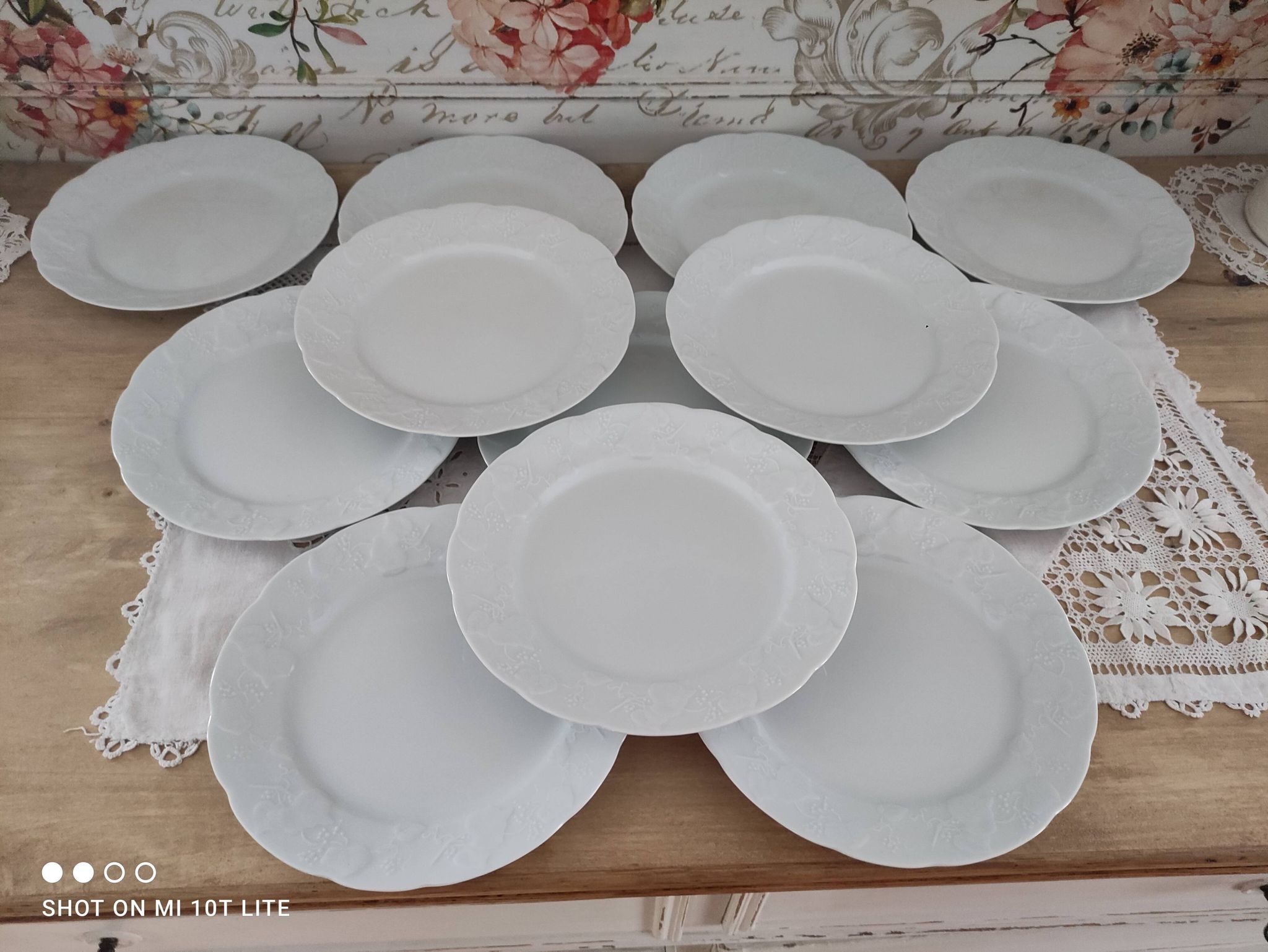 Set of 12 dessert plates in white porcelain marli in relief Wild Ivy