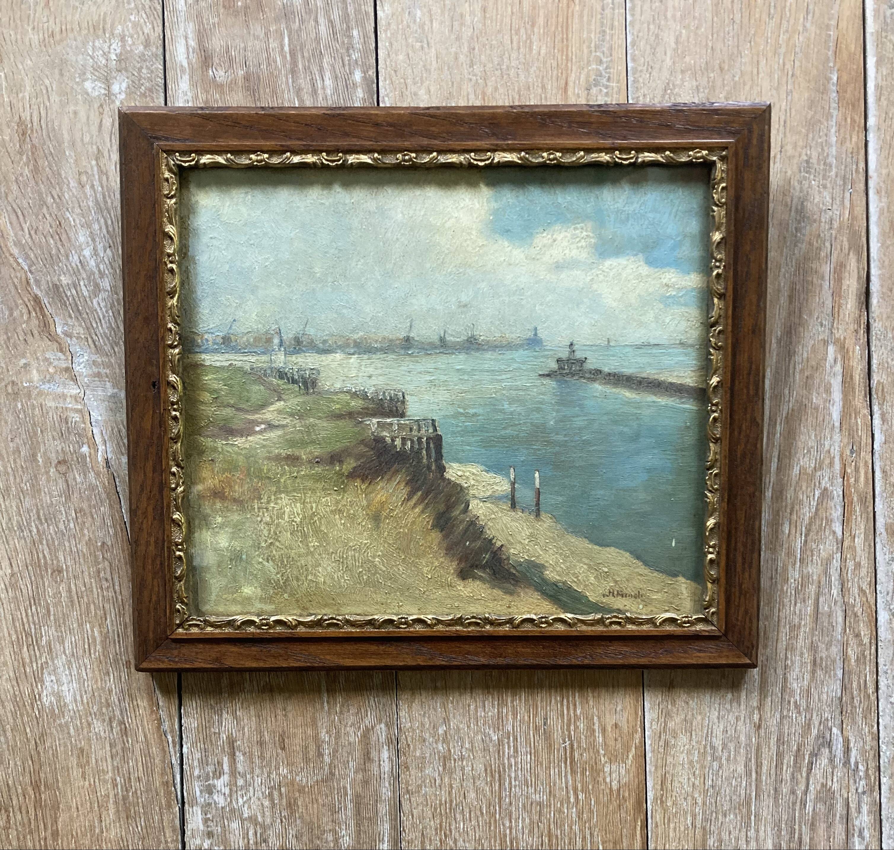 Oil painting of Harwich Docks by Geoffrey French. 1930