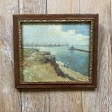 Oil painting of Harwich Docks by Geoffrey French. 1930