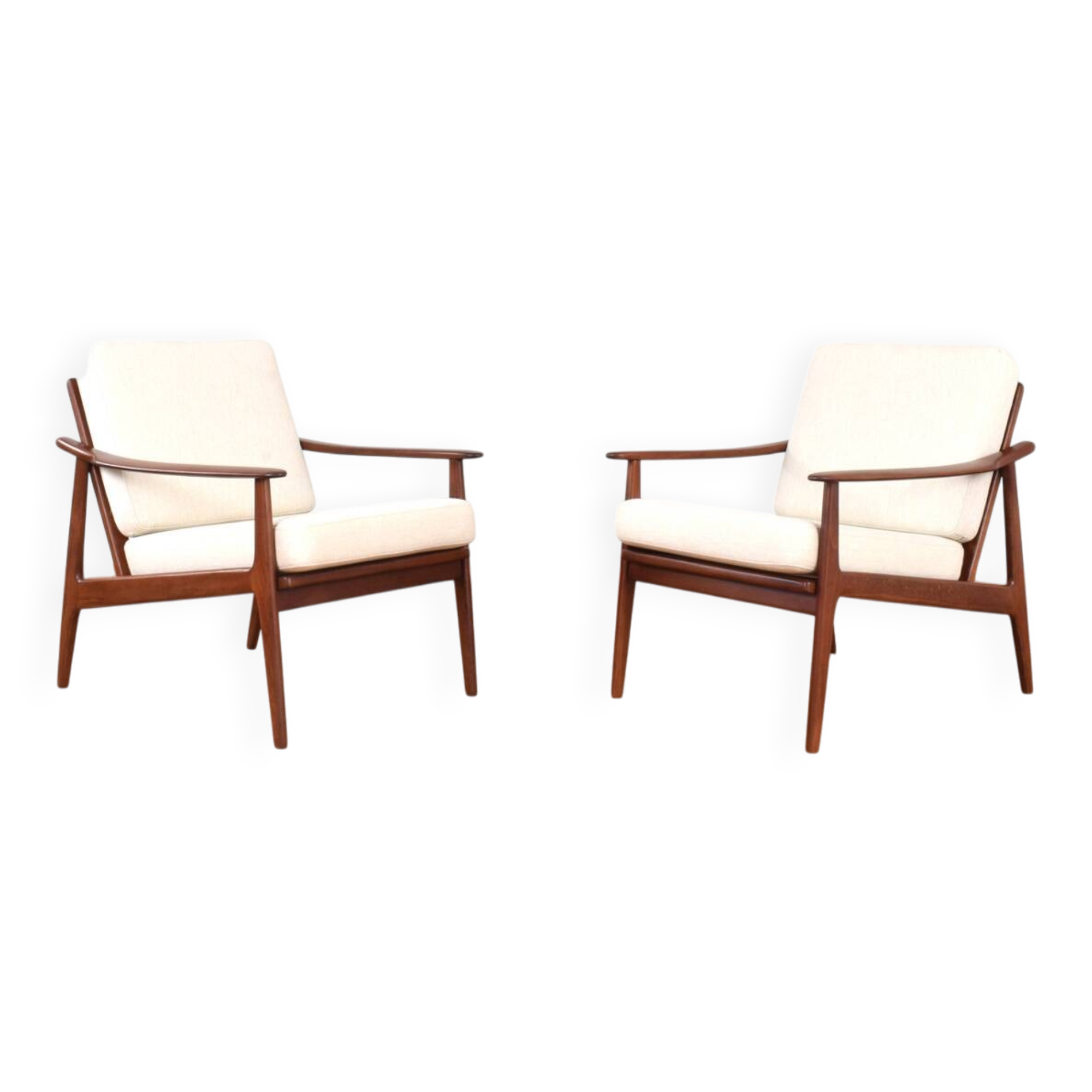 Mid-Century Danish Wood & Linen Lounge Chairs, Set of 2, 1960s.