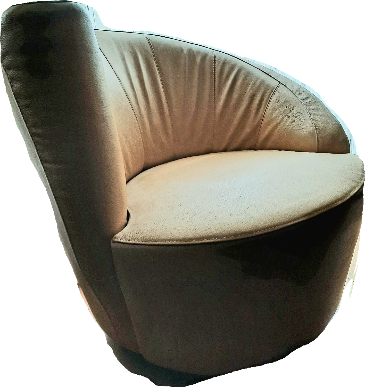 Pair of yellow leather swivel armchairs with asymmetrical armrests, circa 1980