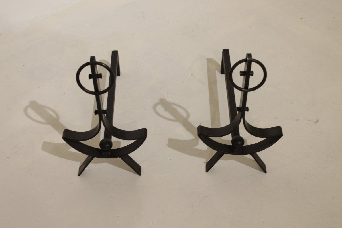 Pair of modernist wrought iron fire dogs
