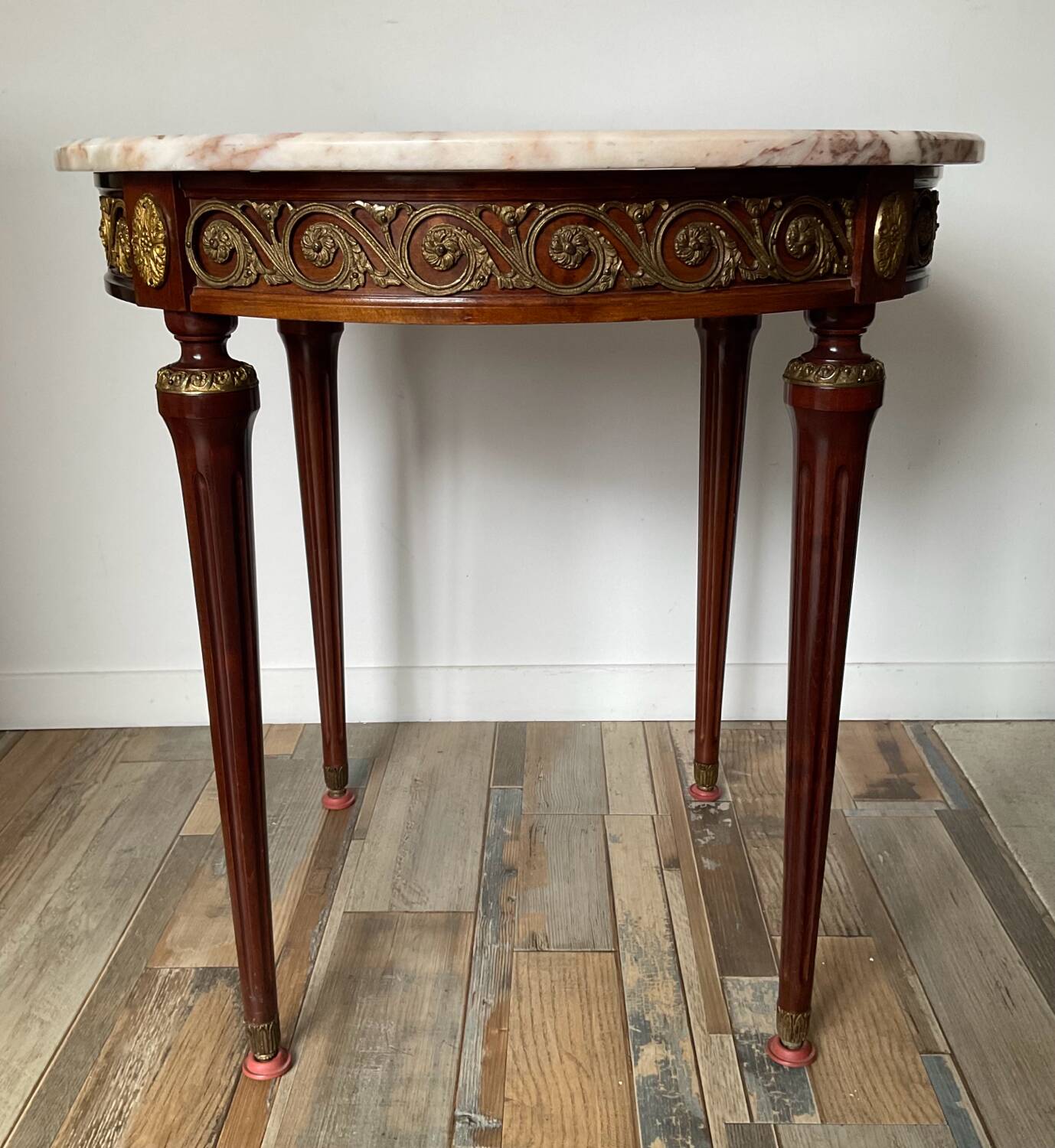 Louis XVI style side table in wood, marble and brass