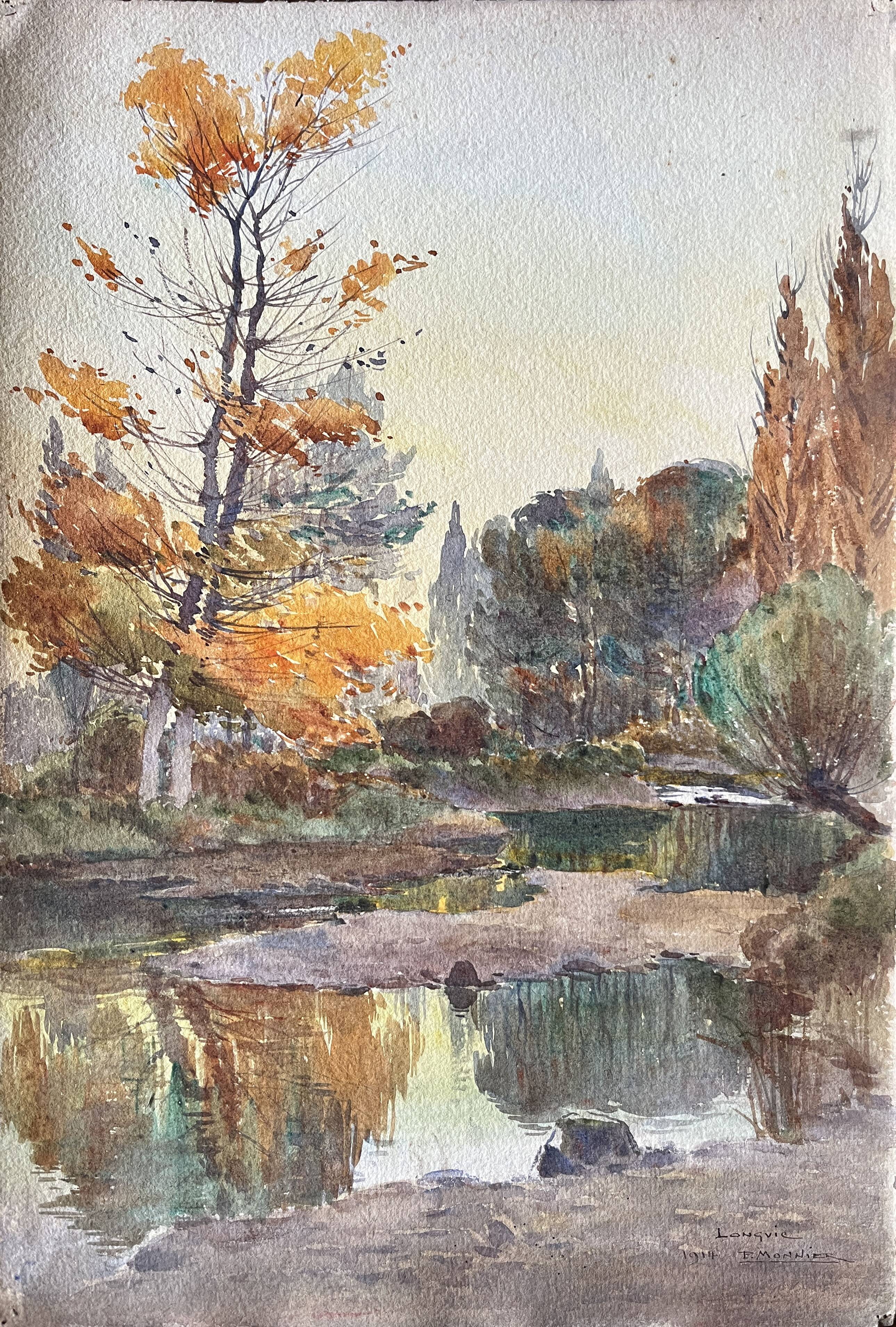 Tableau Aquarelle de Paul Monnier "Longvic" cf. Dijon" 1914
