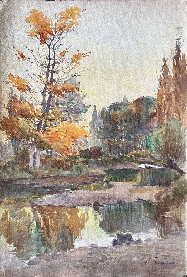 Tableau Aquarelle de Paul Monnier ''Longvic'' cf. Dijon'' 1914