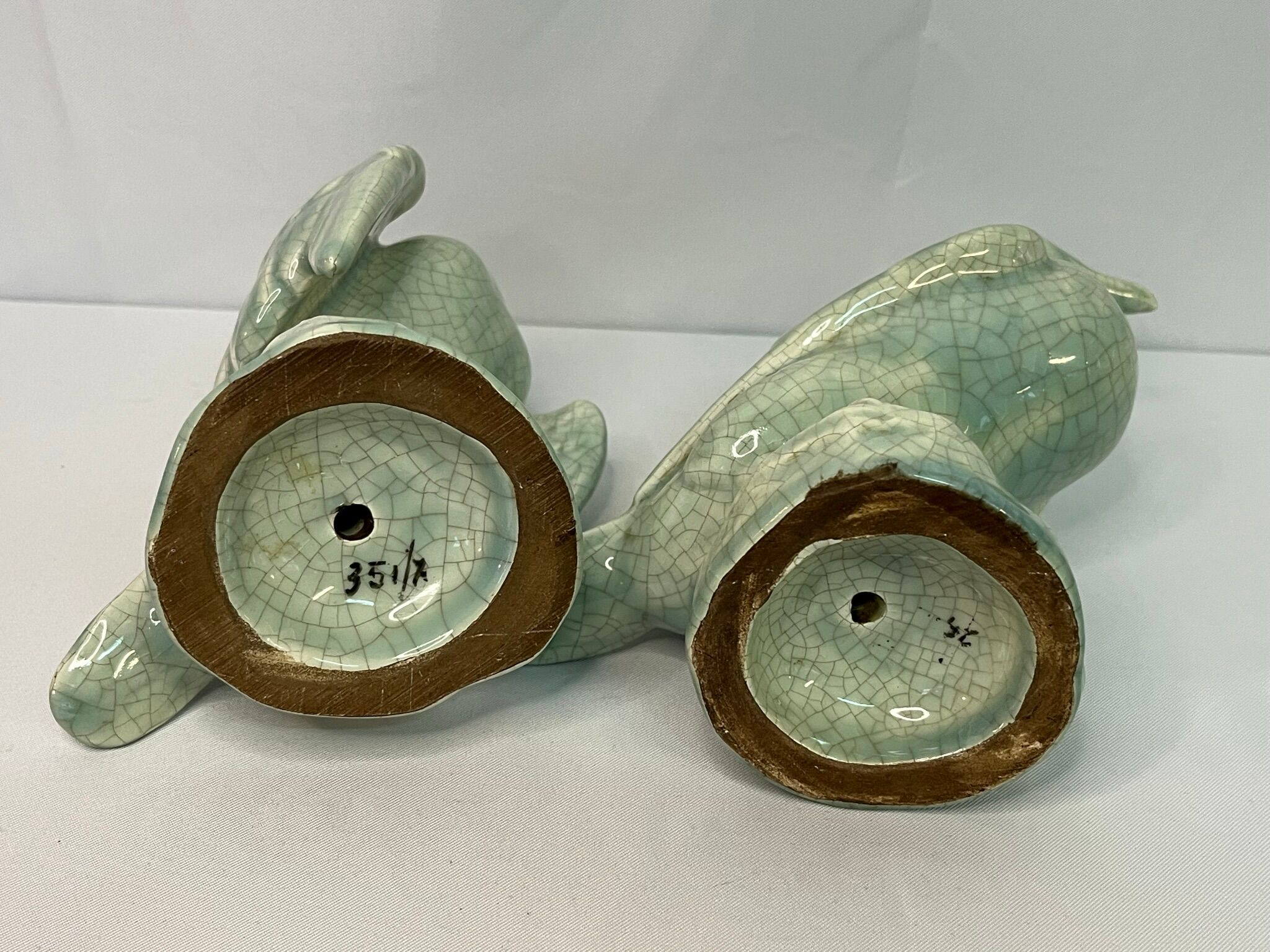 Art Deco Pair cormorants cracked ceramic signed circa 1940