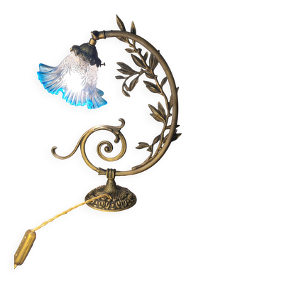 Lampe en bronze et laiton, tulipe en verre transparent et bleu
