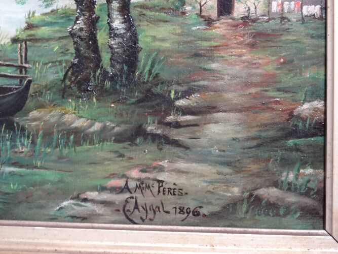 Paysage animé, lavandières en bord de rivière, 81 x 70 cm, Huile sur toile XIXème par E. AYGAL