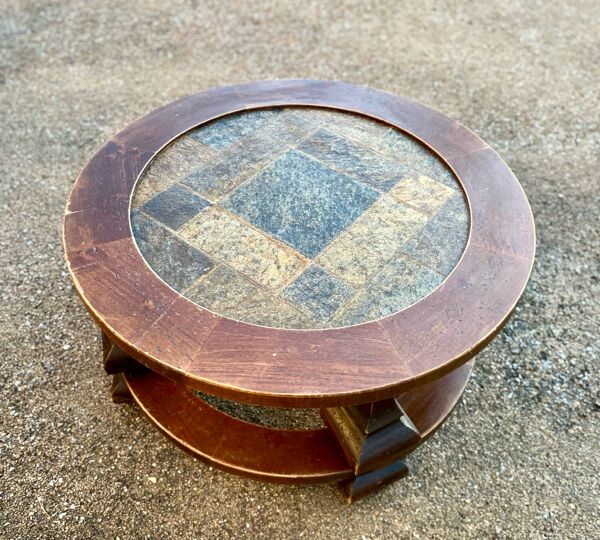 Table basse ronde en pierre et bois