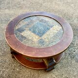 Table basse ronde en pierre et bois