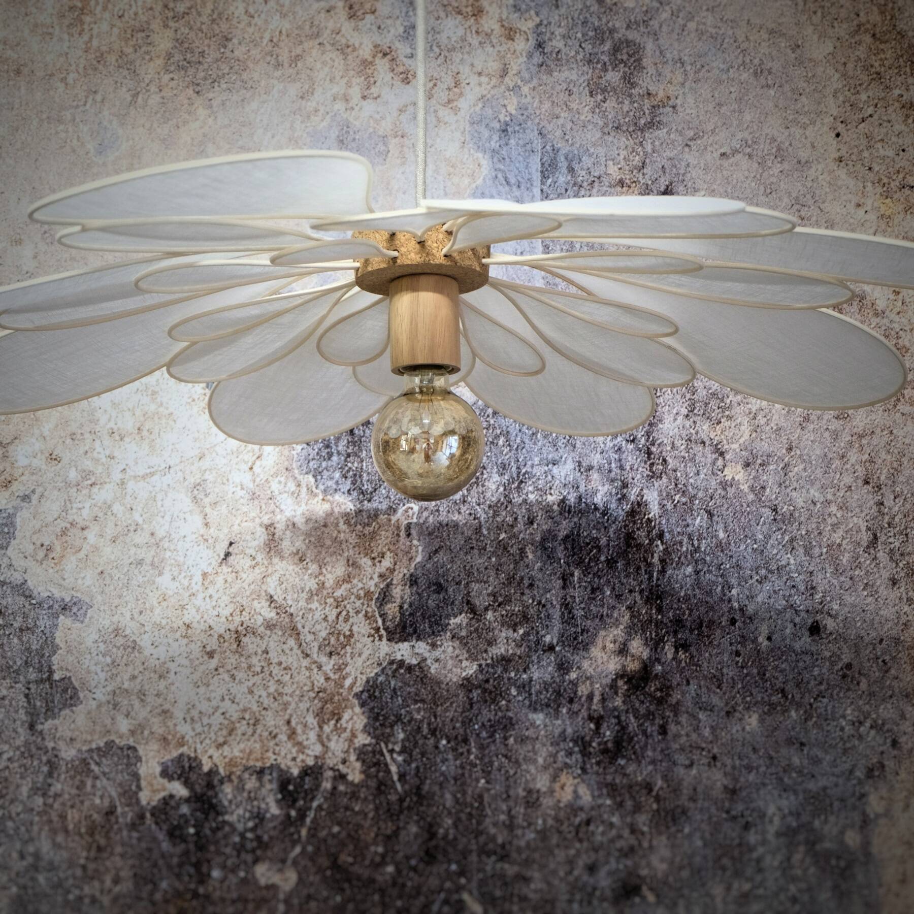 24 petal flower suspension in rattan and white linen