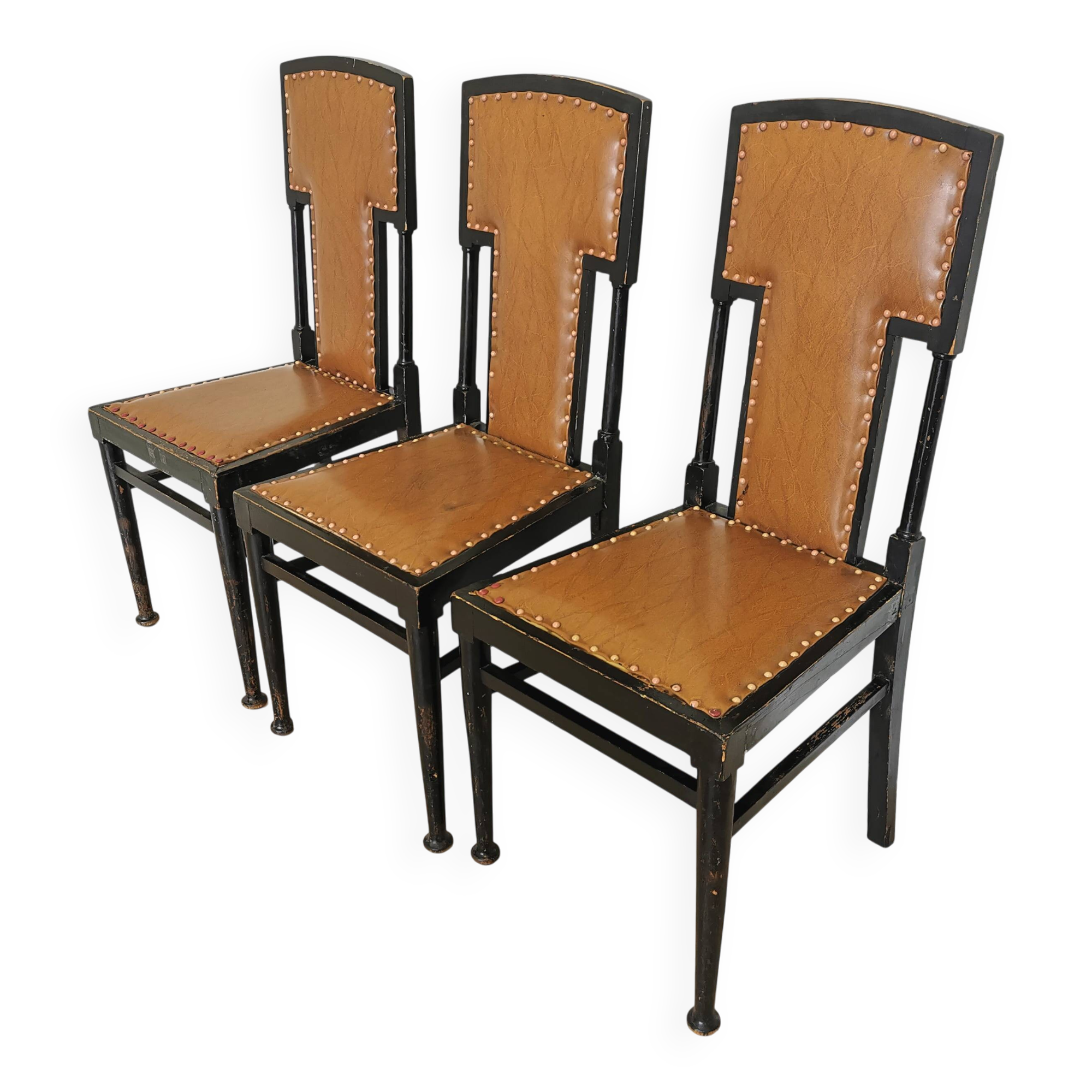 Set of 3 Vintage Dining Chairs: High Back, Leather Seat, Nailhead Trim