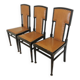Ensemble de 3 chaises de salle à manger vintage : dossier haut, assise en cuir, garniture cloutée