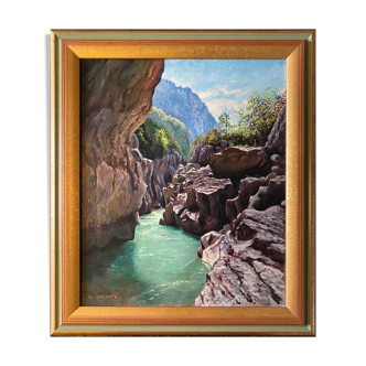 HST painting "Grand canyon of the Verdon Gorges" signed Lecompte + frame