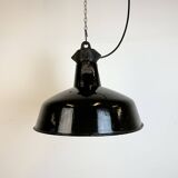 Industrial Black Enamel Factory Lamp with Cast Iron Top, 1950s