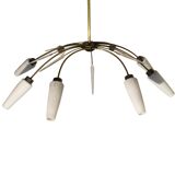 Lustre vintage 8 feux en laiton et verre opalin strié