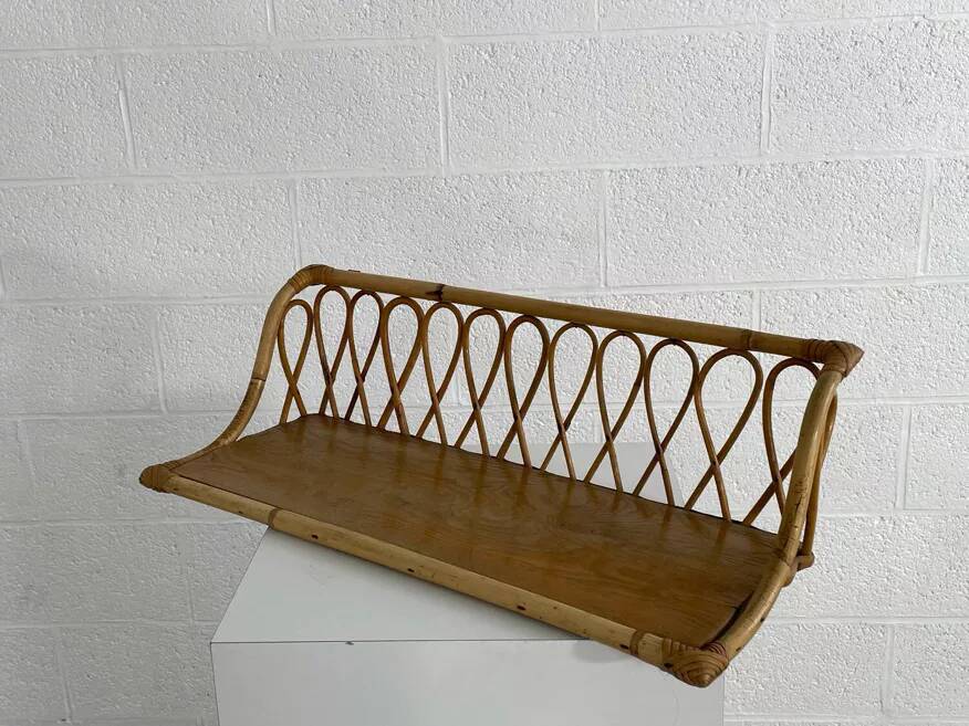1960s rattan and wood wall shelf