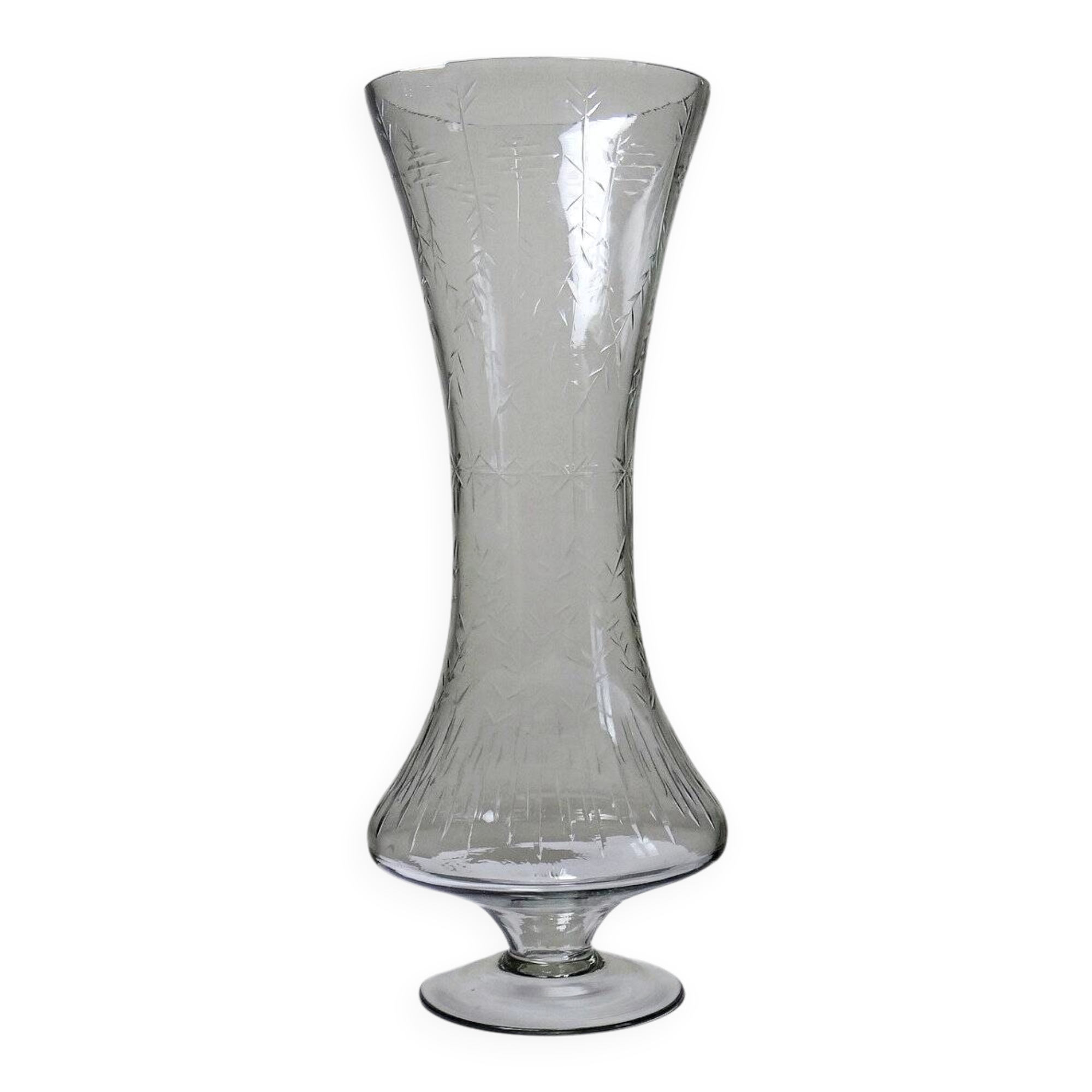 Very large vintage engraved blown glass vase from the 2000s in an antique style
